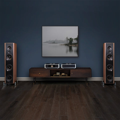 PSB Synchrony T800 Speakers in a living room with a credenza in between them with an NAD M33 and NAD M28