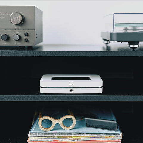 Node White (2024 Version), on credenza second shelf below Amplifier and turntable