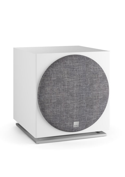 DALI E-12 F Powered 12 Inch Subwoofer - White with Grille - 3/4 View