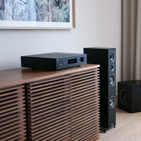 NAD C379 on credenza with PSB Imagine T65 Tower and Subseries BP8 Subwoofer