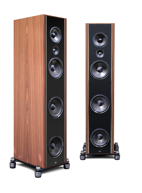 PSB Synchrony T800 Satin Walnut Speakers at 3/4 angle