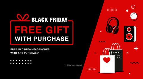 Black Friday promotion for free NAD HP30 headphones with any purchase on a black and red background.