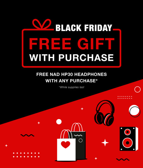 Black Friday promotion for free NAD HP30 headphones with any purchase on a black and red background.