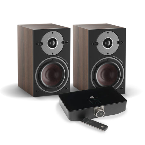 DALI Oberon 1C Amplified Bookshelf Speakers in Walnut beside DALI SoundHub